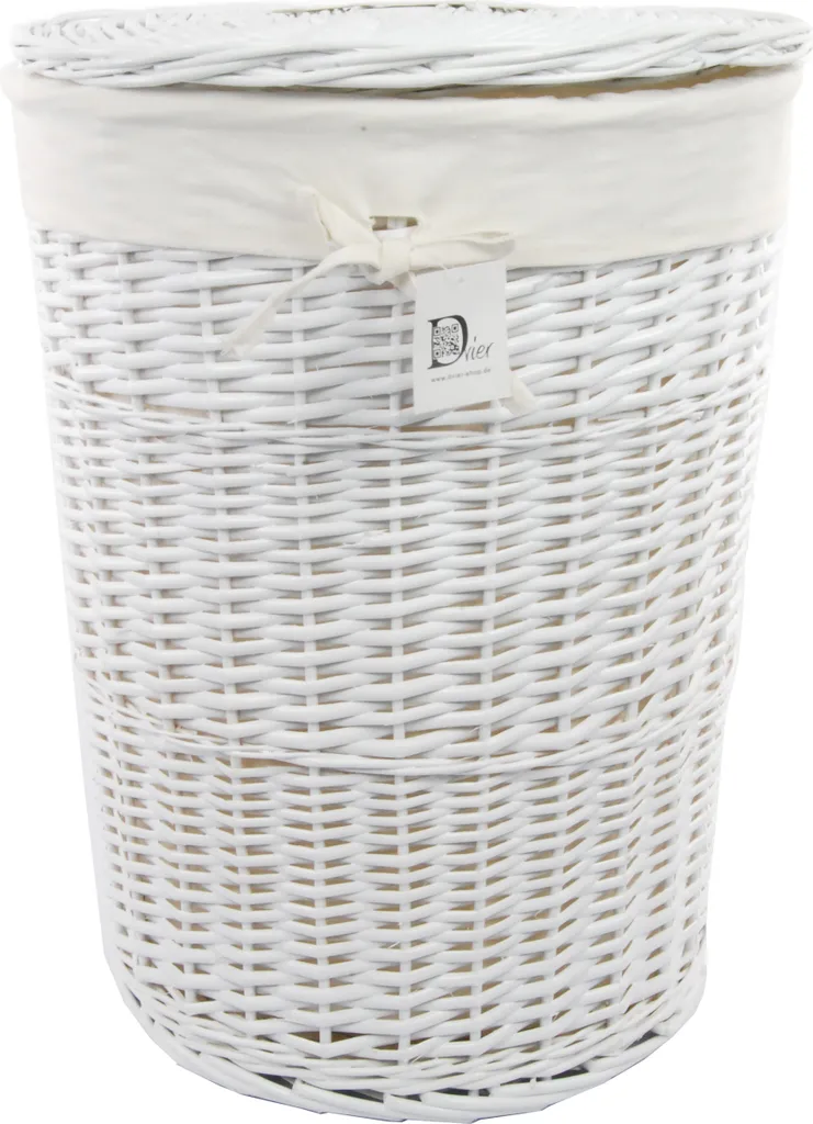 Coffre à linge rond en osier blanc de 60 litres avec couvercle pratique