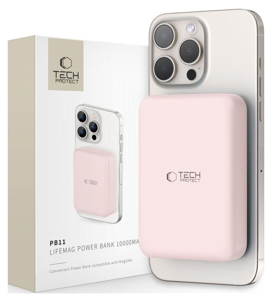 A pink Tech-Protect Lifemag Magsafe power bank is attached to the back of a silver smartphone, with its packaging box visible to the left.