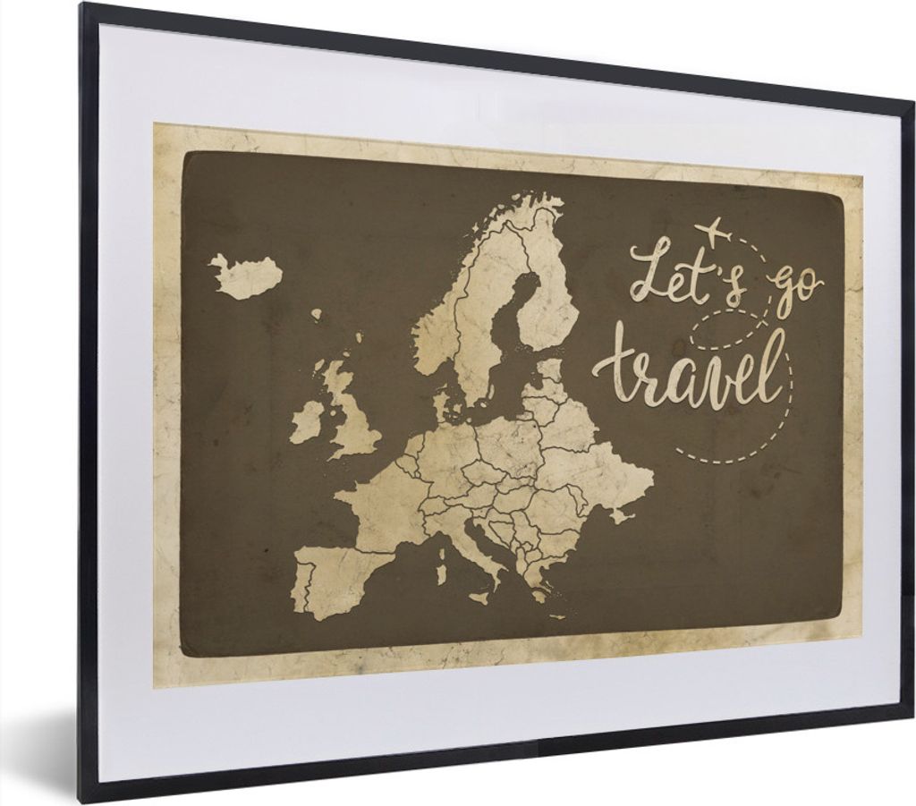 MuchoWow MuchoWow Gerahmtes Poster Karte Europa - Zitat - Vintage 40x30 cm - Poster mit zchwarzem Bilderrahmen - Bilderrahmen - Poster im Rahmen