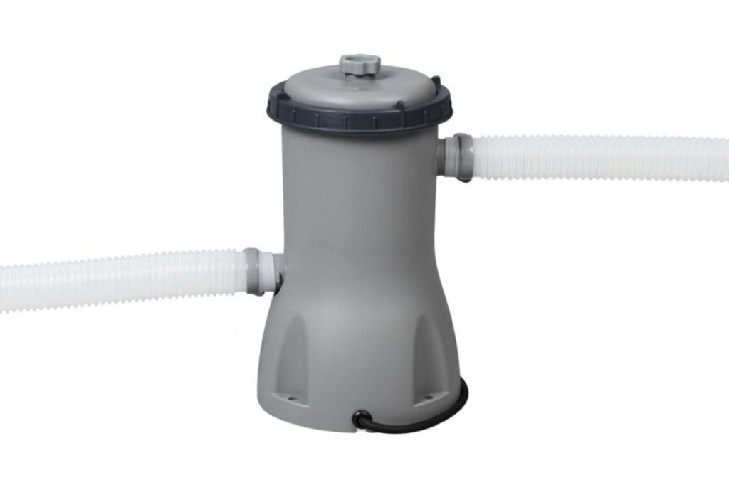 A gray pool pump with two white hoses attached, set against a white background.