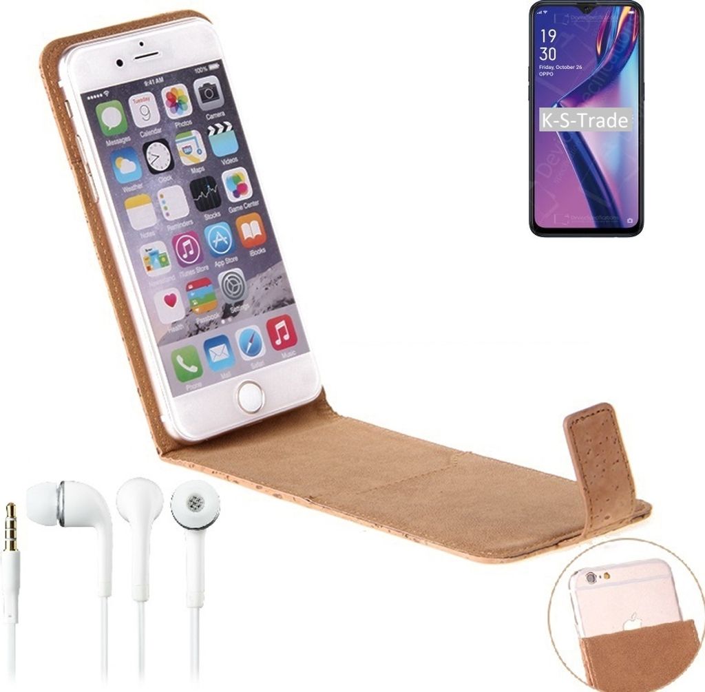 K-S-Trade Schutzhülle mit Kopfhörer kompatibel mit Oppo A12s Handyhülle Cover Kork Tasche Flipstyle Case