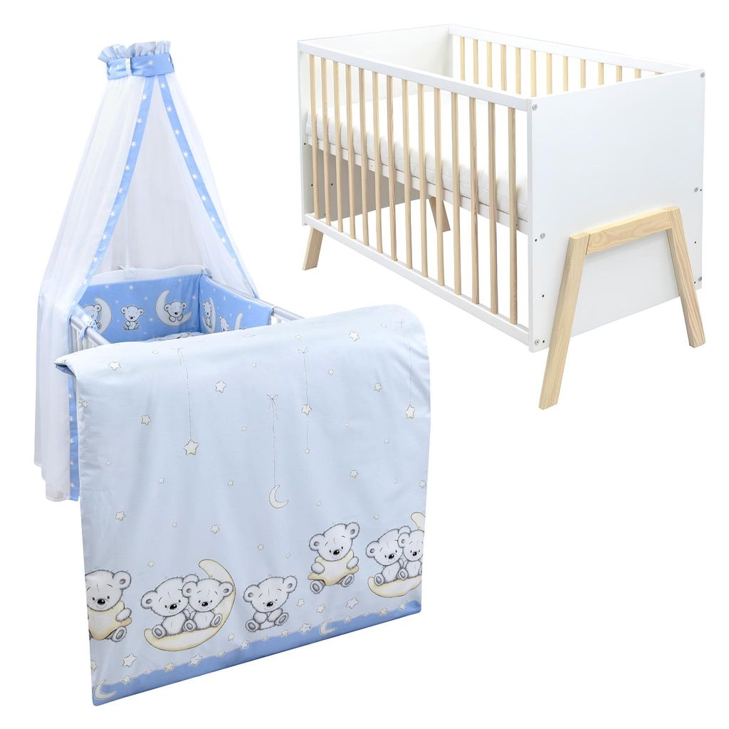 Babybett Kinderbett Gitterbett Juna 60x120 Weiß Schutzgitter Matratze Bettwäsche Set 10tlg Teddy Mond Blau