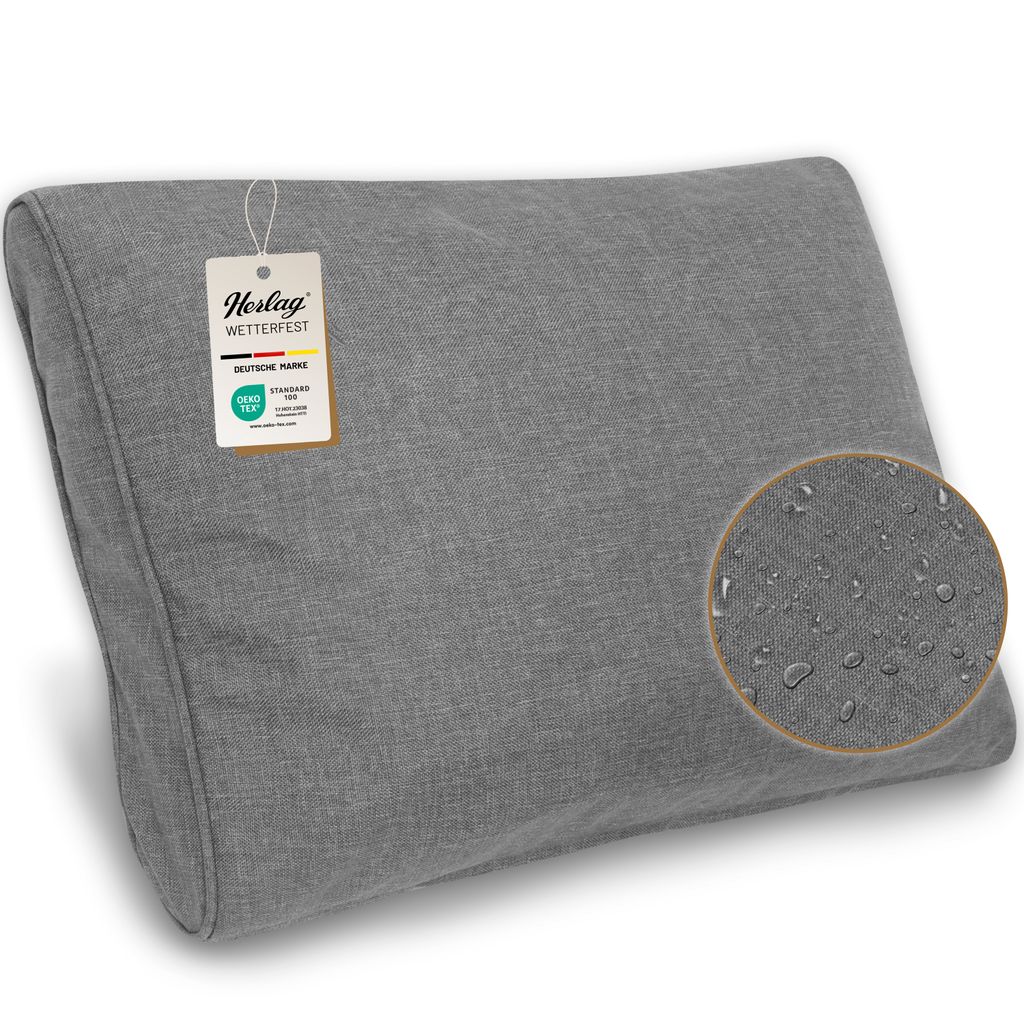 A gray lounge cushion with a tag and a close-up of water droplets on the fabric.