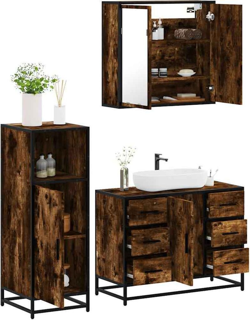 Maison Exclusive - 3-tlg. Badmöbel-Set Räuchereiche Holzwerkstoff