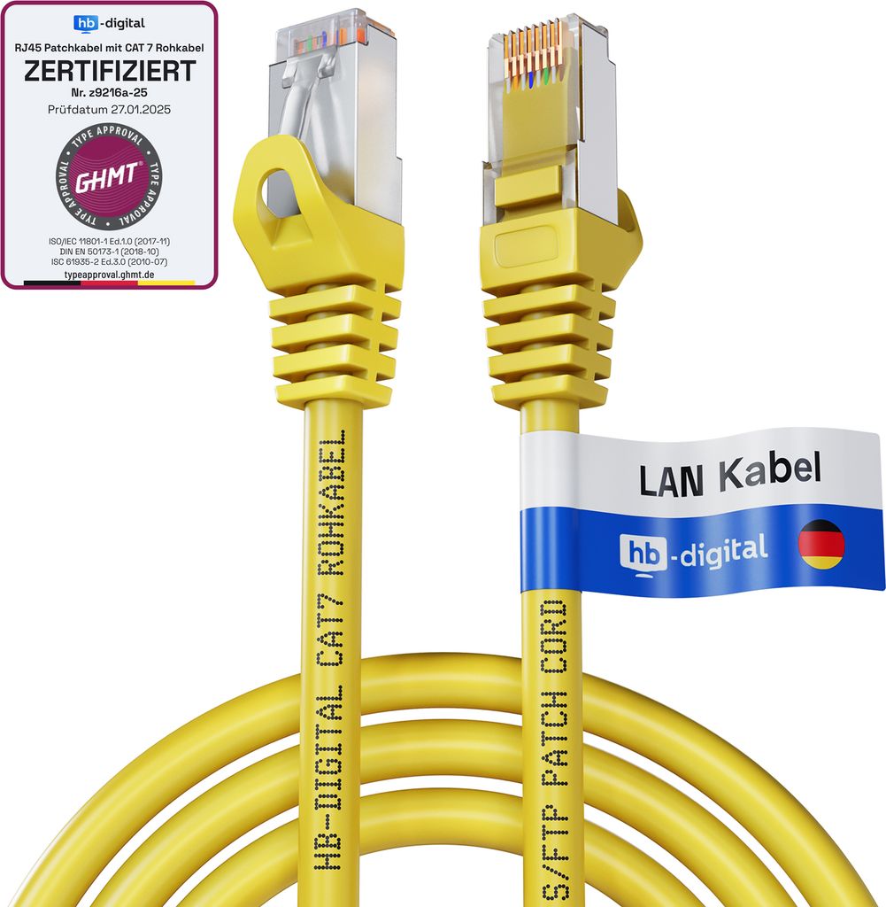 hb-digital Netzwerkkabel CAT7 LAN Kabel 5m RJ45 S/FTP PiMF LSZH AWG 26 halogenfrei gelb