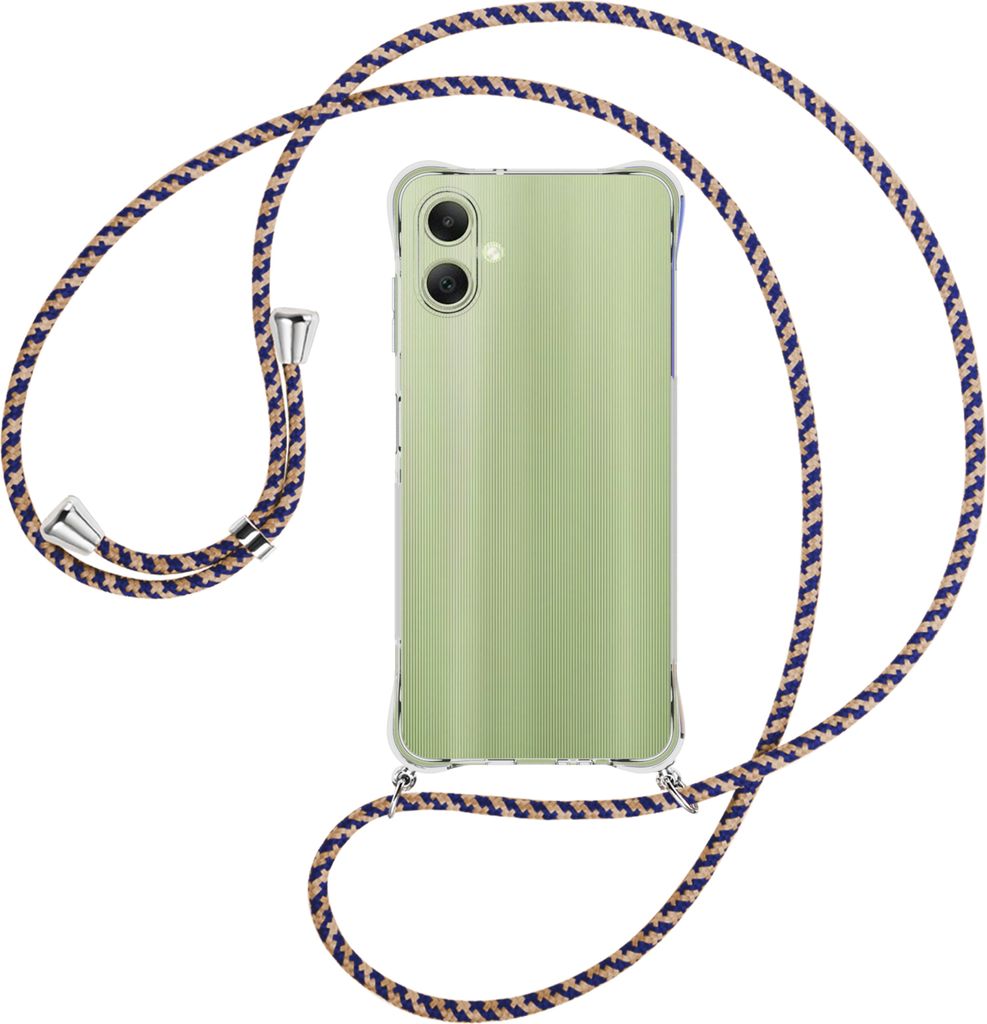 Handykette Backcover-Schutzhülle mit Band (Metall silberfarben) für Samsung Galaxy A06 4G - blau+beige