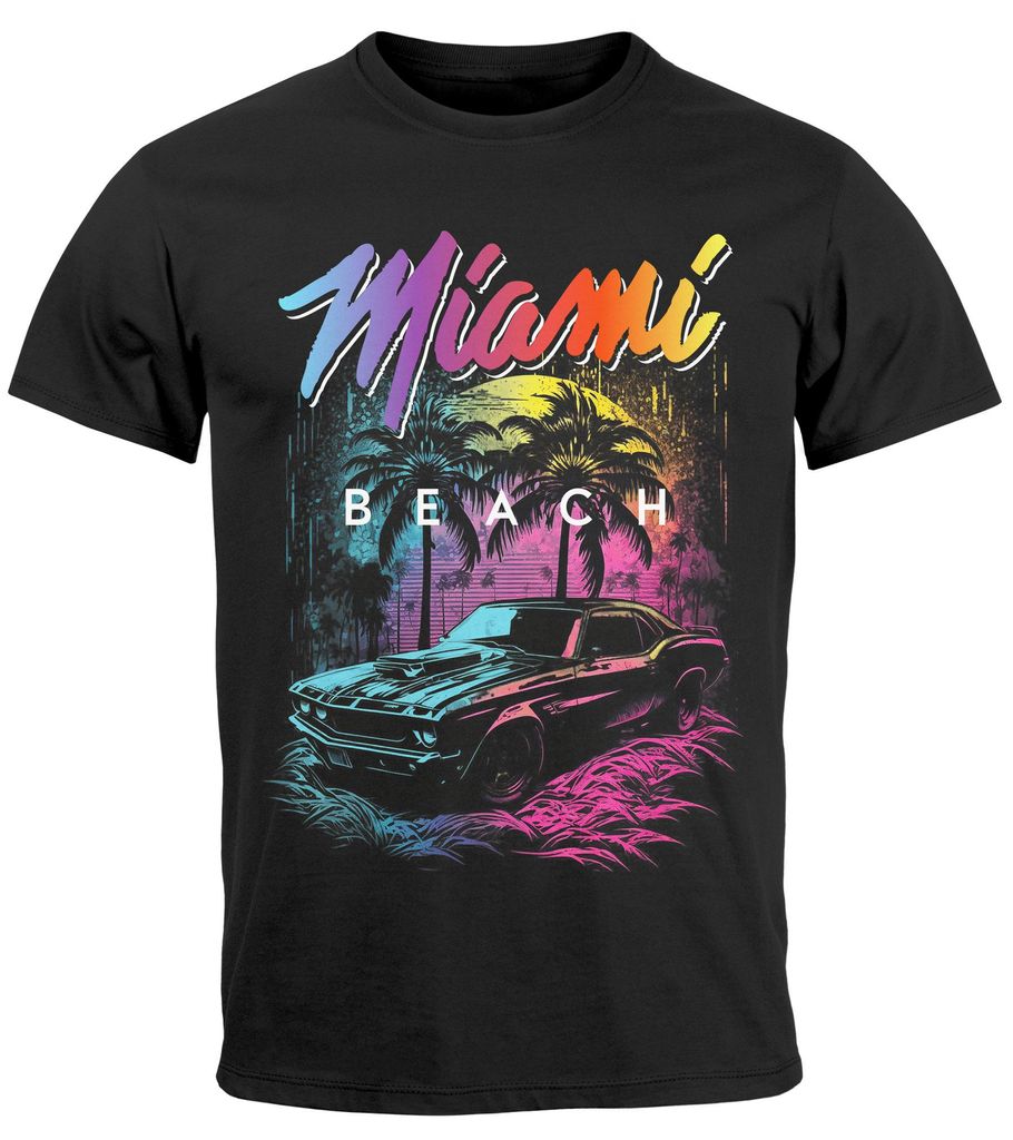 Herren T-Shirt Miami Beach USA Oldtimer Car Palmen Print Produktbild 