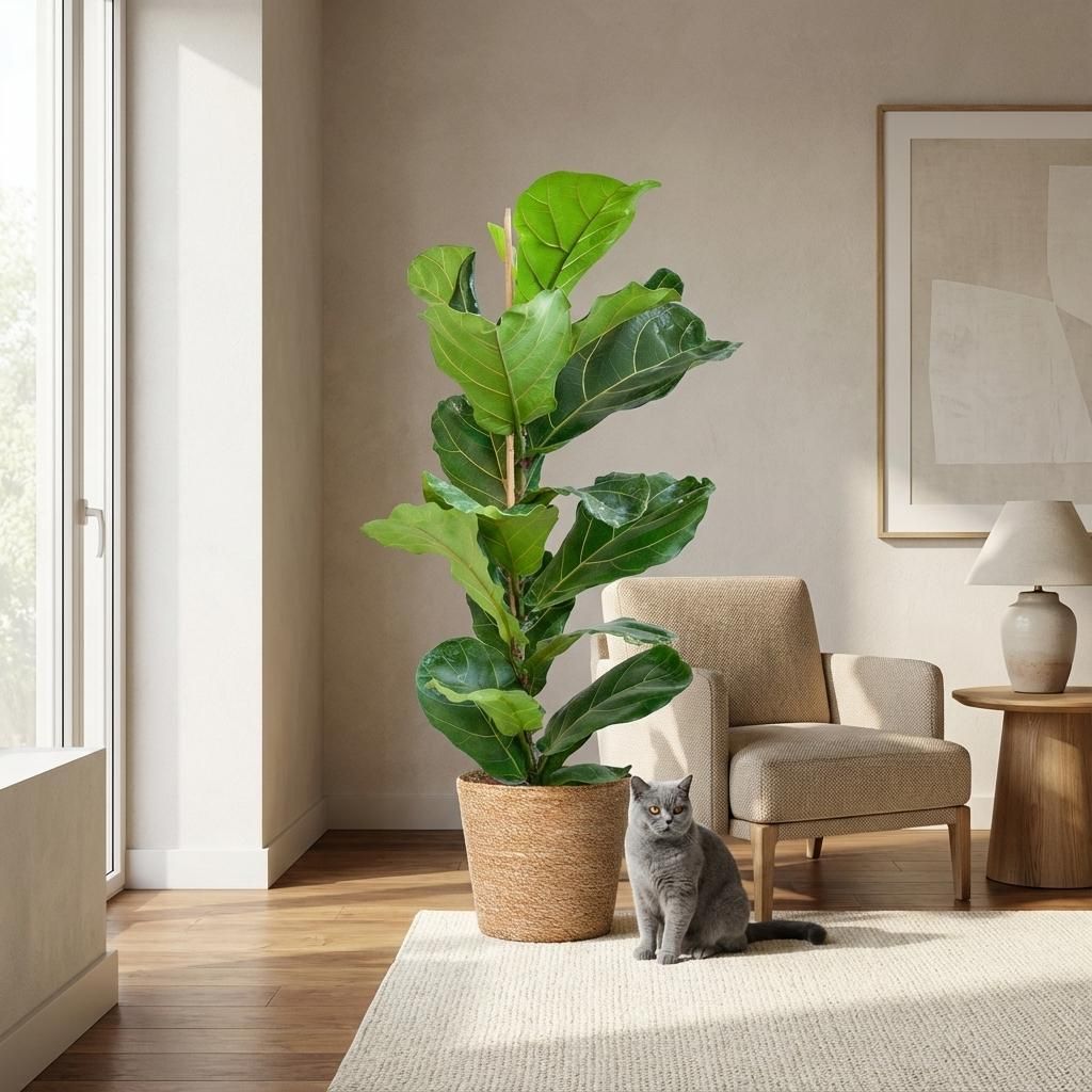 Green boutiQ - Zimmerpflanze - Geigenfeige - Ficus Lyrata - Grün - Pflegeleicht - 1 Pflanze - mit Korb - Topf 21cm - Höhe 75 - 85cm