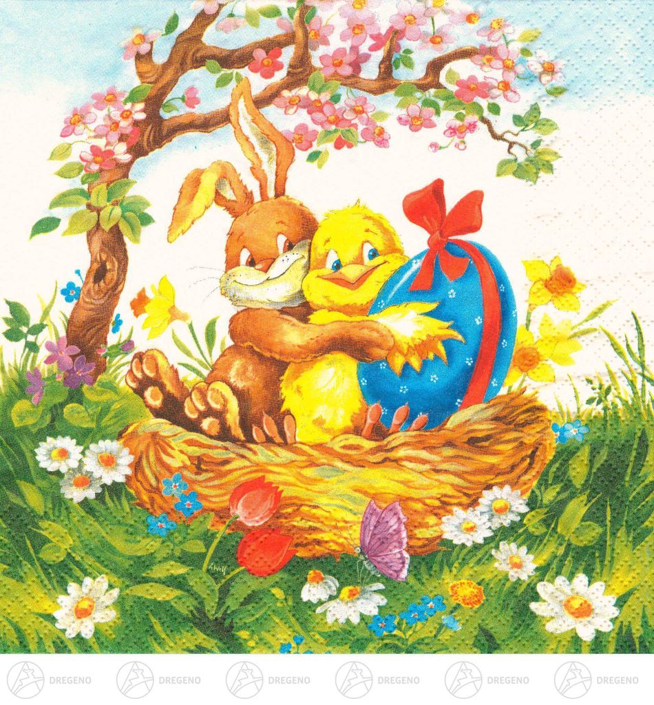 Servietten Hase und Kücken im Korb (20) Breite x Höhe ca 33 cmx33 cm NEU