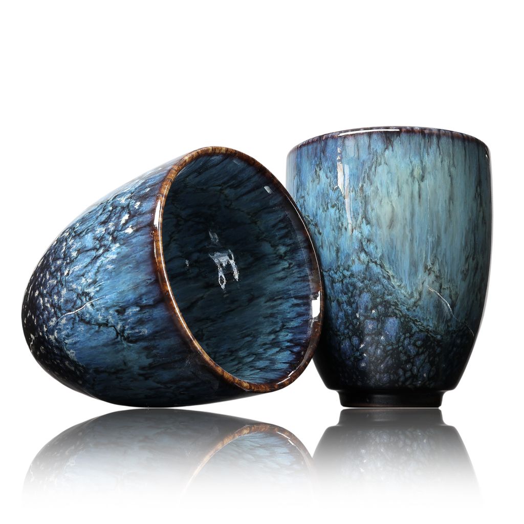 Kaffee Becher Keramik, Design Kaffee-Tasse ohne Henkel 200ml, Tee-Tasse 2er Set, coffee mug, tea cup, Tasse mit modernem Muster, bunte Unikate (apa...