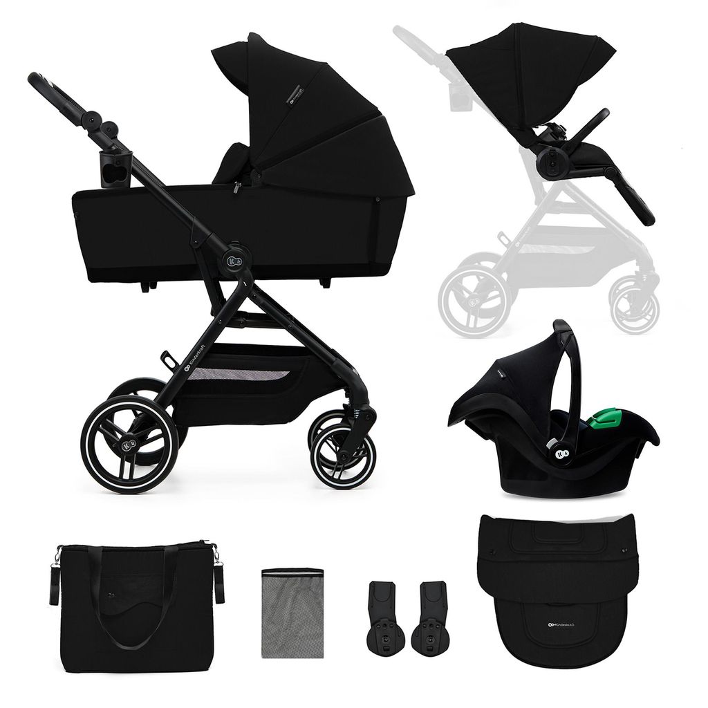 A collection of baby travel system components, including a stroller, car seat, and accessories, displayed against a white background.