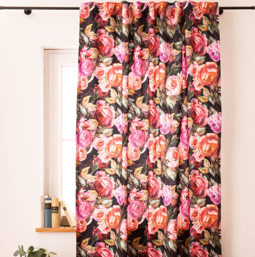 Vorhang Rosetta Rosen schwarz pink 245cm oder Wunsch von SCHÖNER LEBEN. Aufhängung Smok-Schlaufenband