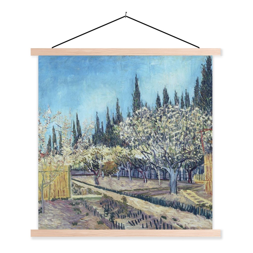 MuchoWow Textilposter Obstgarten vor Zypressen - Vincent van Gogh 120x120 cm mit holzfarbenen Rahmen - Textil-Poster