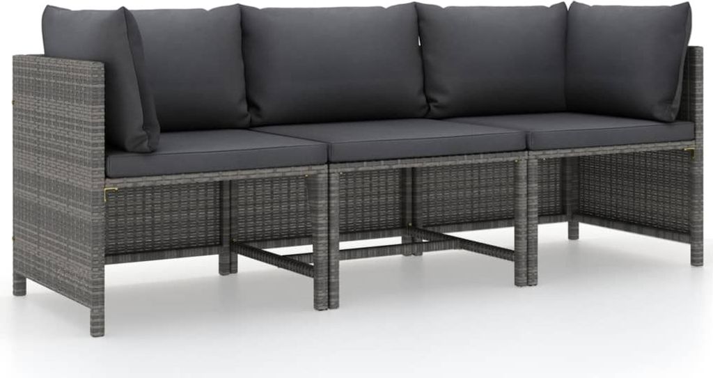 The Living Store 3-Sitzer-Gartensofa mit Kissen Grau Poly Rattan
