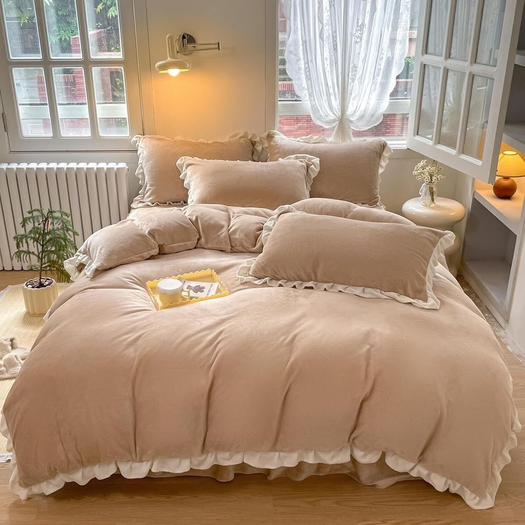 Samt Bettwäsche Set,Winter Bettwäsche 135x200cm Samtweichem Plüsch Flanell Mädchen Mikrofaser Bettbezug und 1 Kissenbezug 80x80cm,Hellbraun,135...