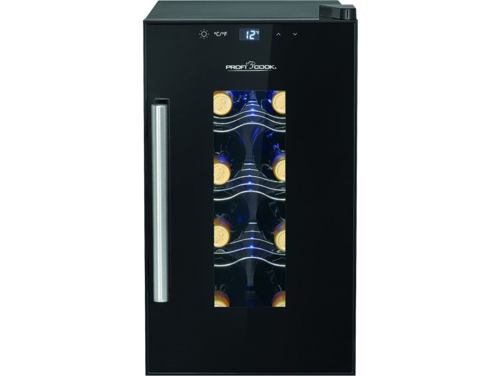A black wine cooler with a glass door showing bottles of wine.