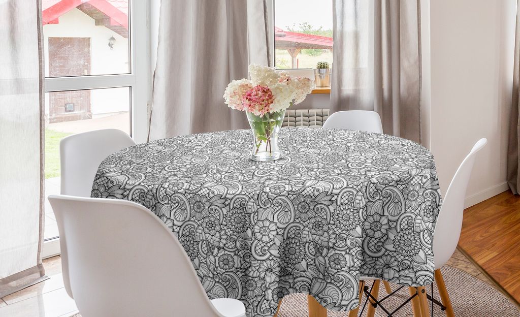 ABAKUHAUS Schwarz und weiß Runde Tischdecke, Blumen Paisleys, Kreis Tischdecke Abdeckung für Esszimmer Küche Dekoration, 150 cm, Schwarz-Weiss