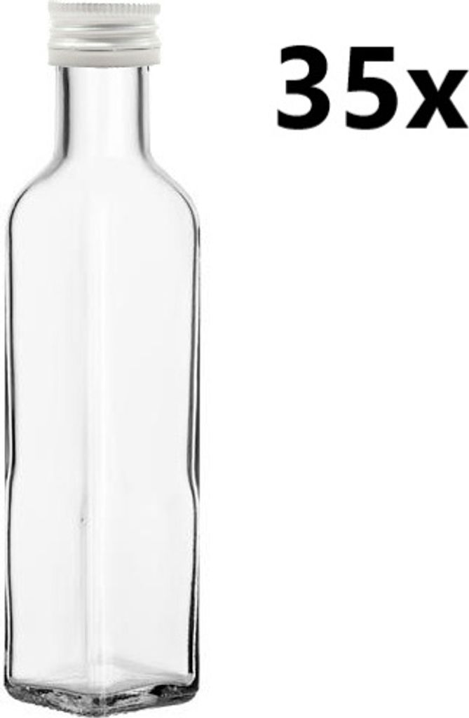 Glasflasche MARASCA 250 ml klar/transparent 35 Stück INKLUSIVE SILBERVERSCHLÜSSE, Anzahl der Teile in der Packung: 35