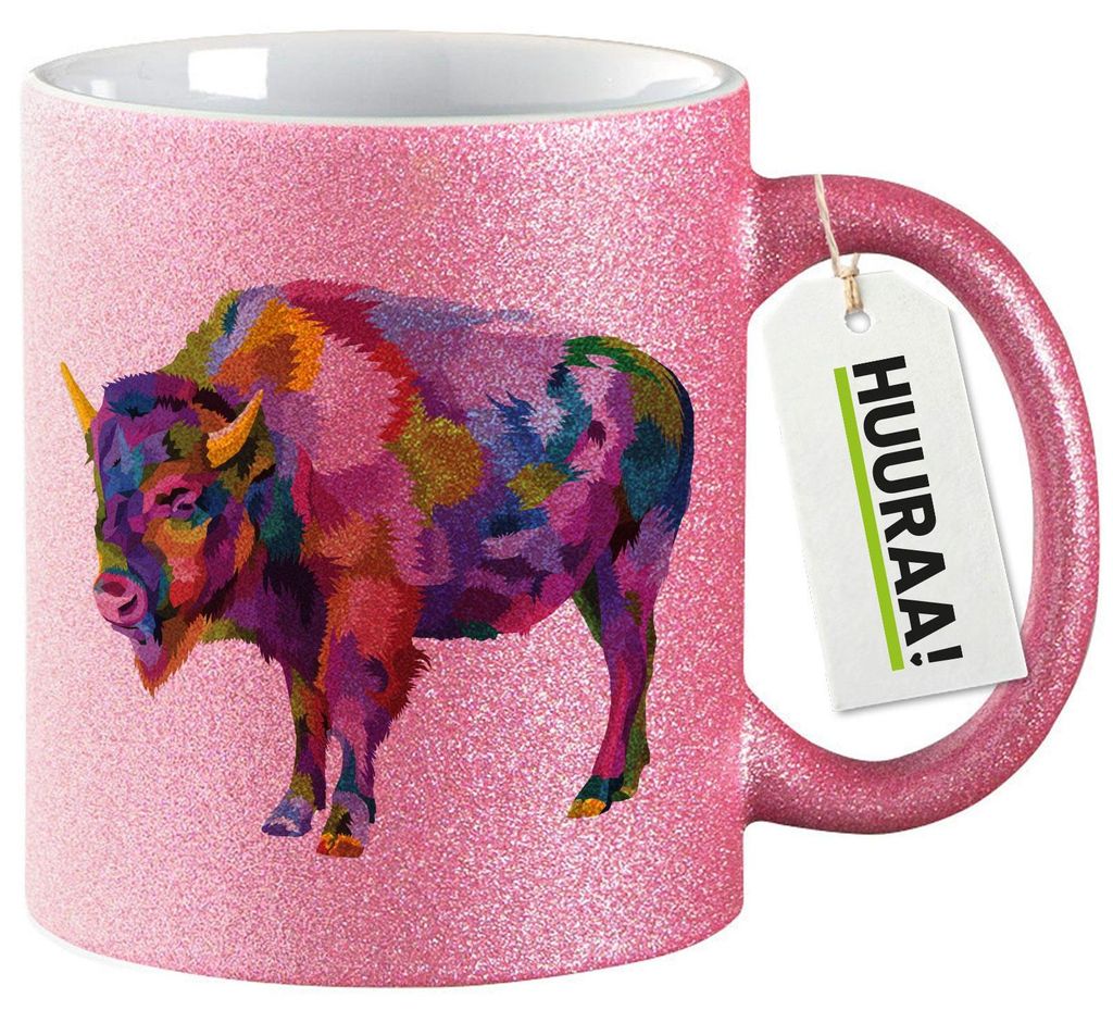 Huuraa Glitzertasse Bison Colorful 330ml Pink Keramik Kaffeebecher Geschenkidee