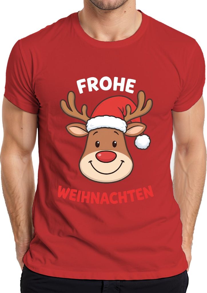 FROHE WEIHNACHTEN Rentier Weihnachtsmütze Cartoon Lustig Kinder Herren T-Shirt, Rot, XXL