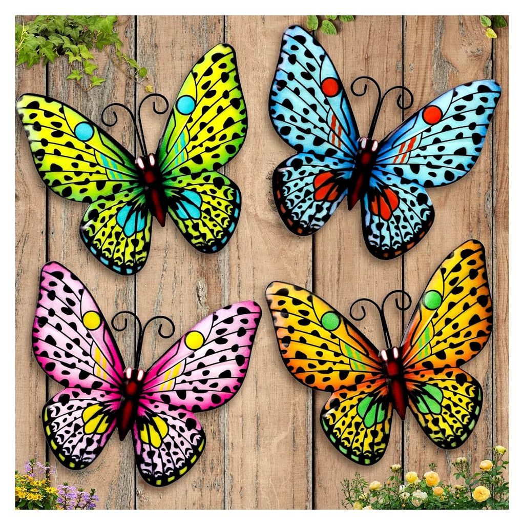 4 Stück Garten Wanddekoration Schmetterling Skulptur, Tierische 3D Wandbilder, Metall Schmetterling Wandkunst Hängende Ornamente für Innen- und ...