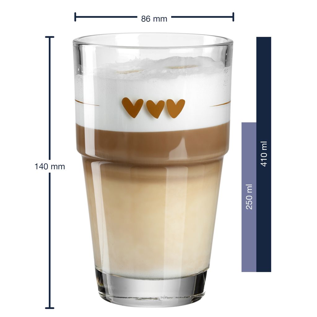 Leonardo Solo Latte-Macchiato Gläser 2er Set, Glas-Becher mit Herzen Aufdruck, spülmaschinengeeignete Kaffee und Cappuccino Gläser, braunem Herzchen Moti,v 410 ml, 043476