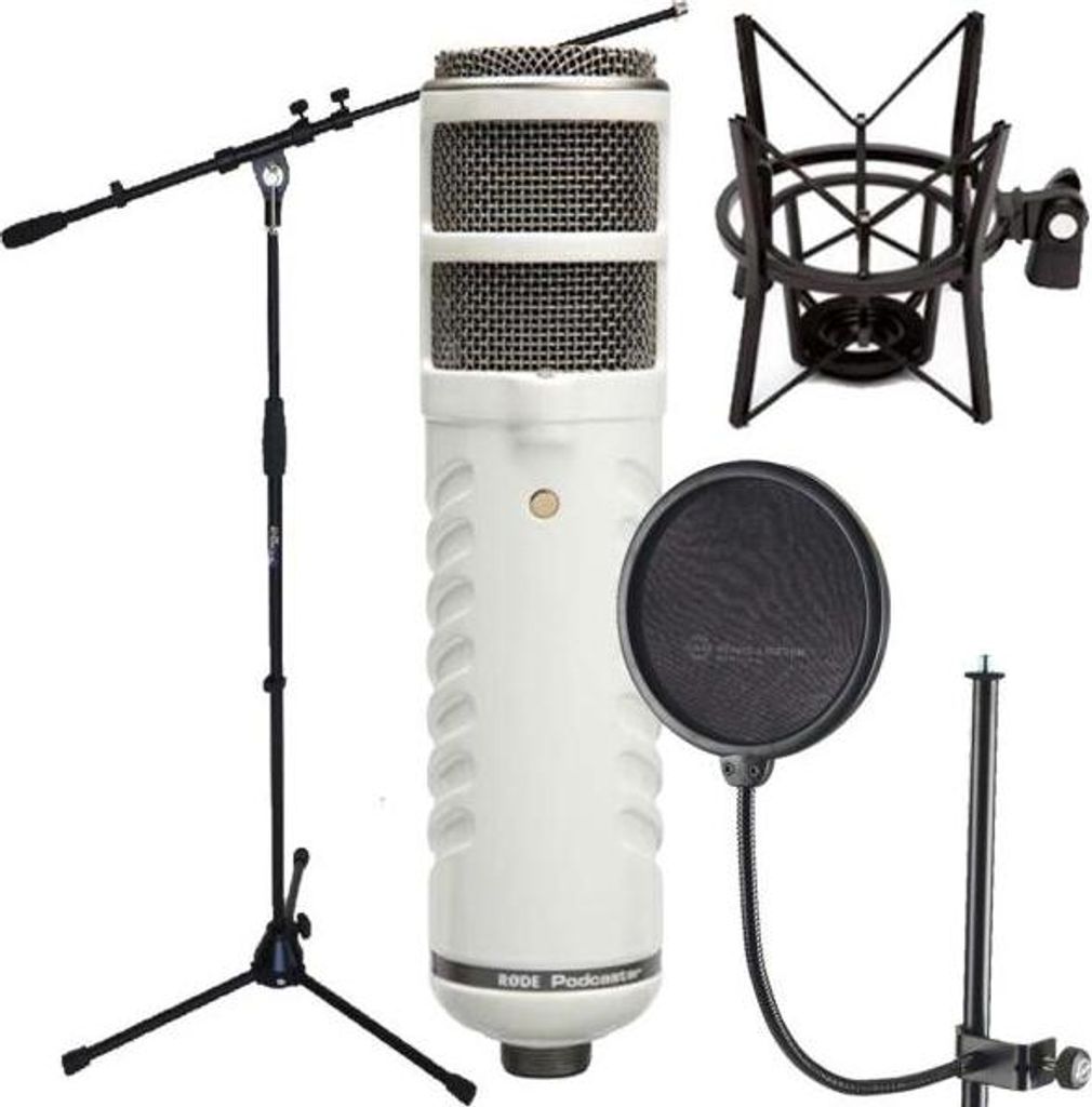 Rode Podcaster mit Popschutz mit Spinne und Stativ