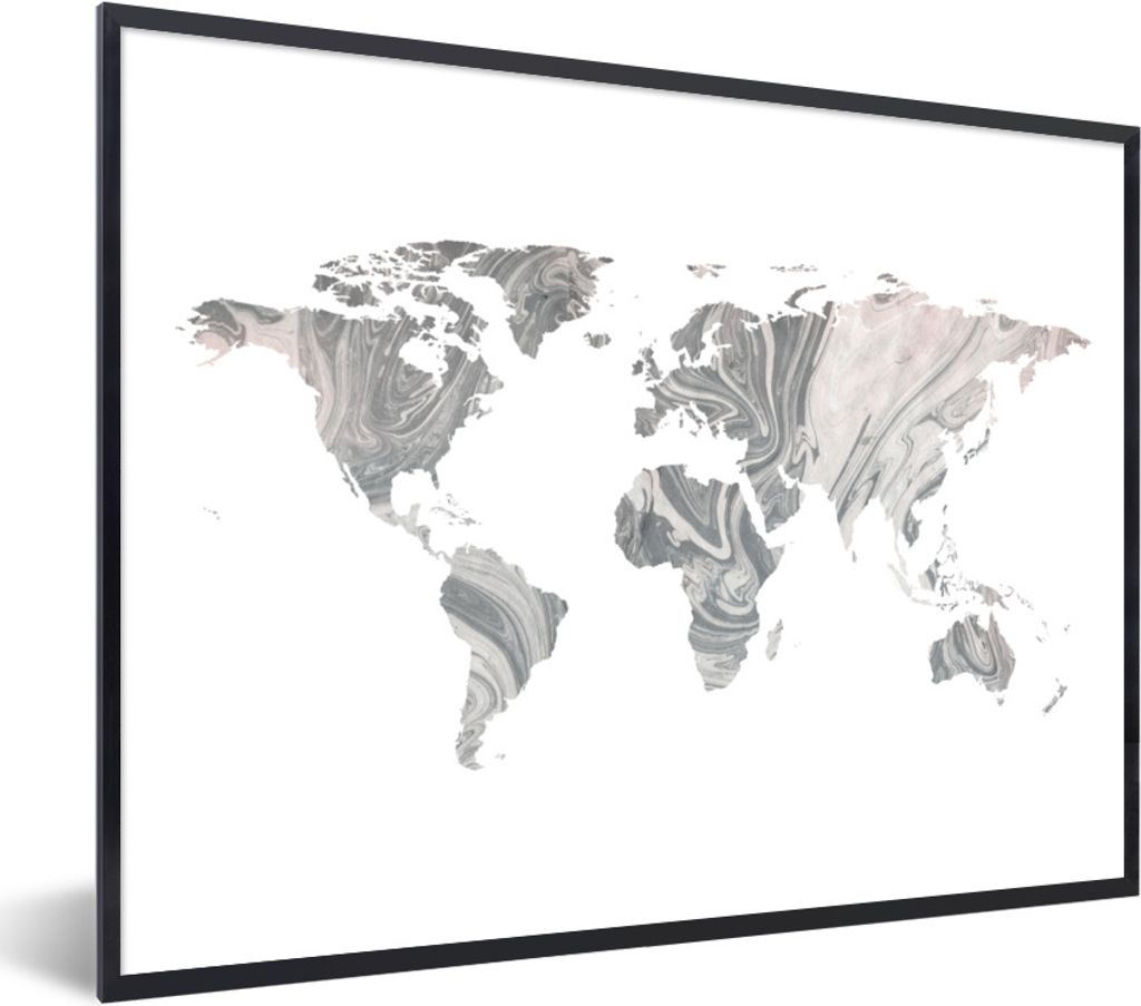 MuchoWow Gerahmtes Poster Weltkarte - Farbe - Grau 80x60 cm - Poster mit Schwarzem Bilderrahmen Wandposter Rahmen Foto Bilder - Schwarzem - Mit G...