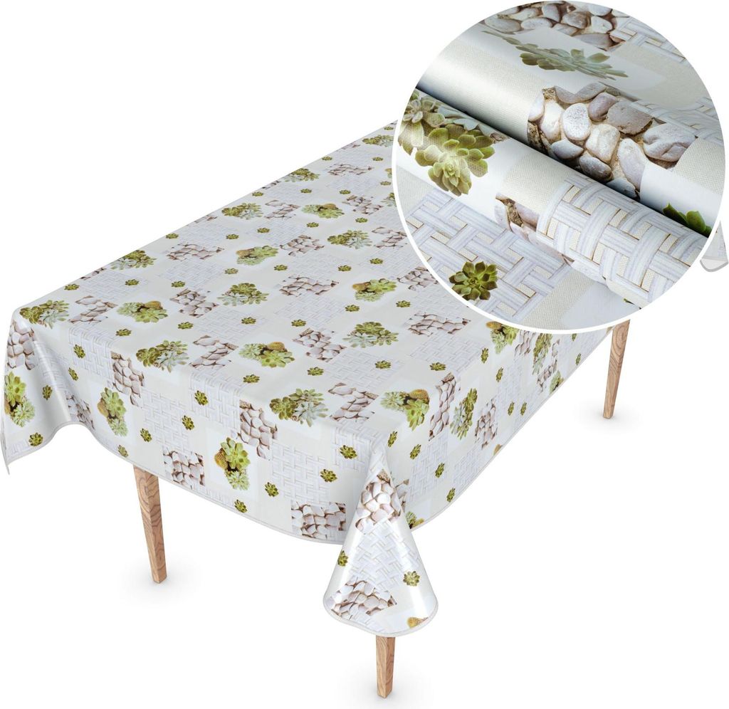 Tischdecke Wachstuch MIMOSA Blumen Weiß Robust Wasserabweisend Breite 140 cm Länge 260 cm