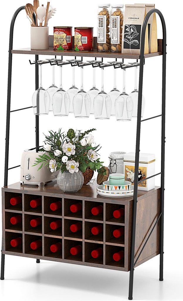 COSTWAY Weinregal für die Küche mit abnehmbarem Weinregal,18 Flaschen und 15 Weingläser, kippsicherer, freistehender Weinkühler, rustikales Braun