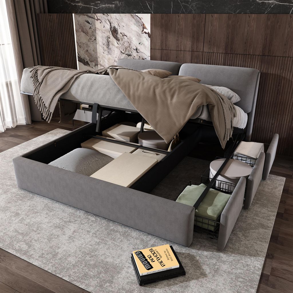 A bed with its storage compartment open, revealing stored items. The bed is in a bedroom setting with decorative wall panels and a rug.