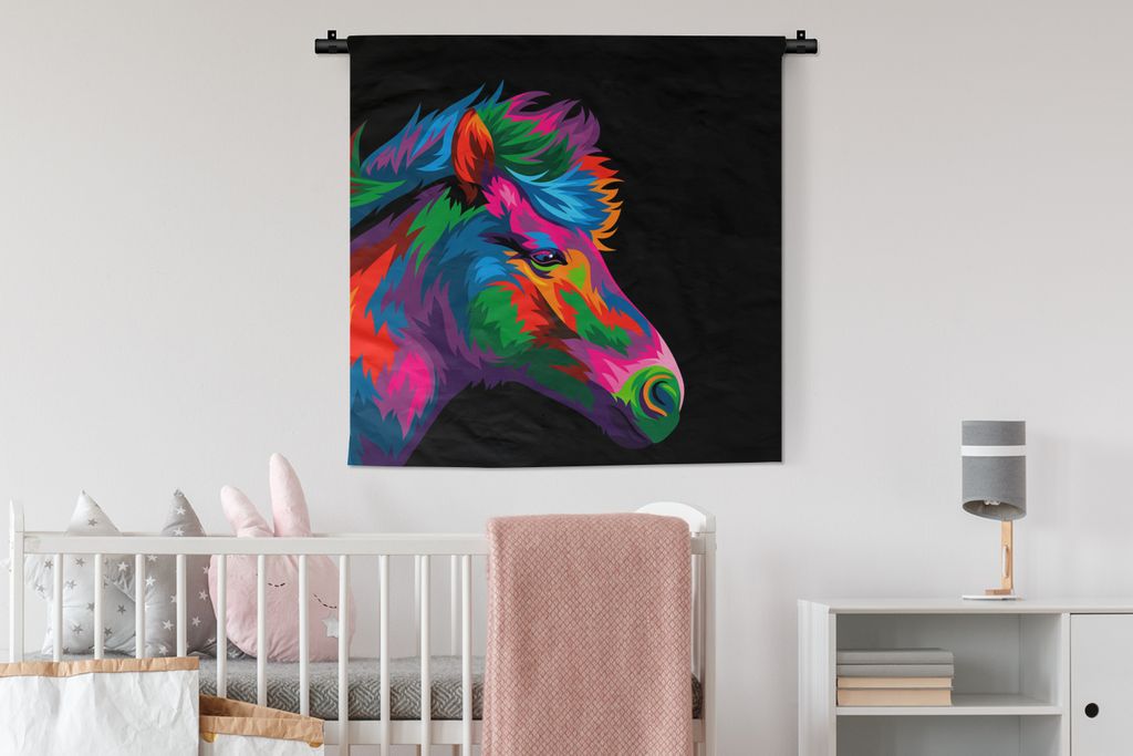 MuchoWow Wandteppich Wandbehang Pferd - Rot - Lila - Mädchen - Kinder - Mädchen 90x90 cm Tapisserie Dekoration Wandtuch - Wandaufhänger