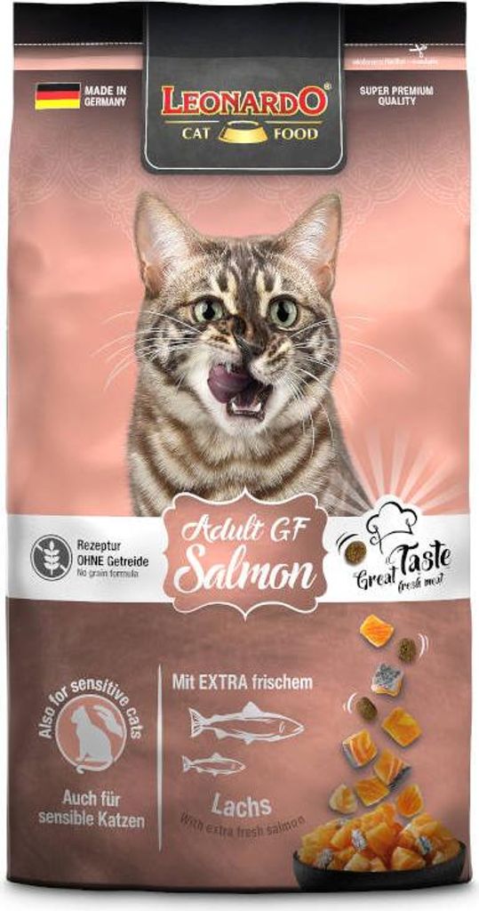 A bag of Leonardo Adult Salmon GF cat food with a cat image.