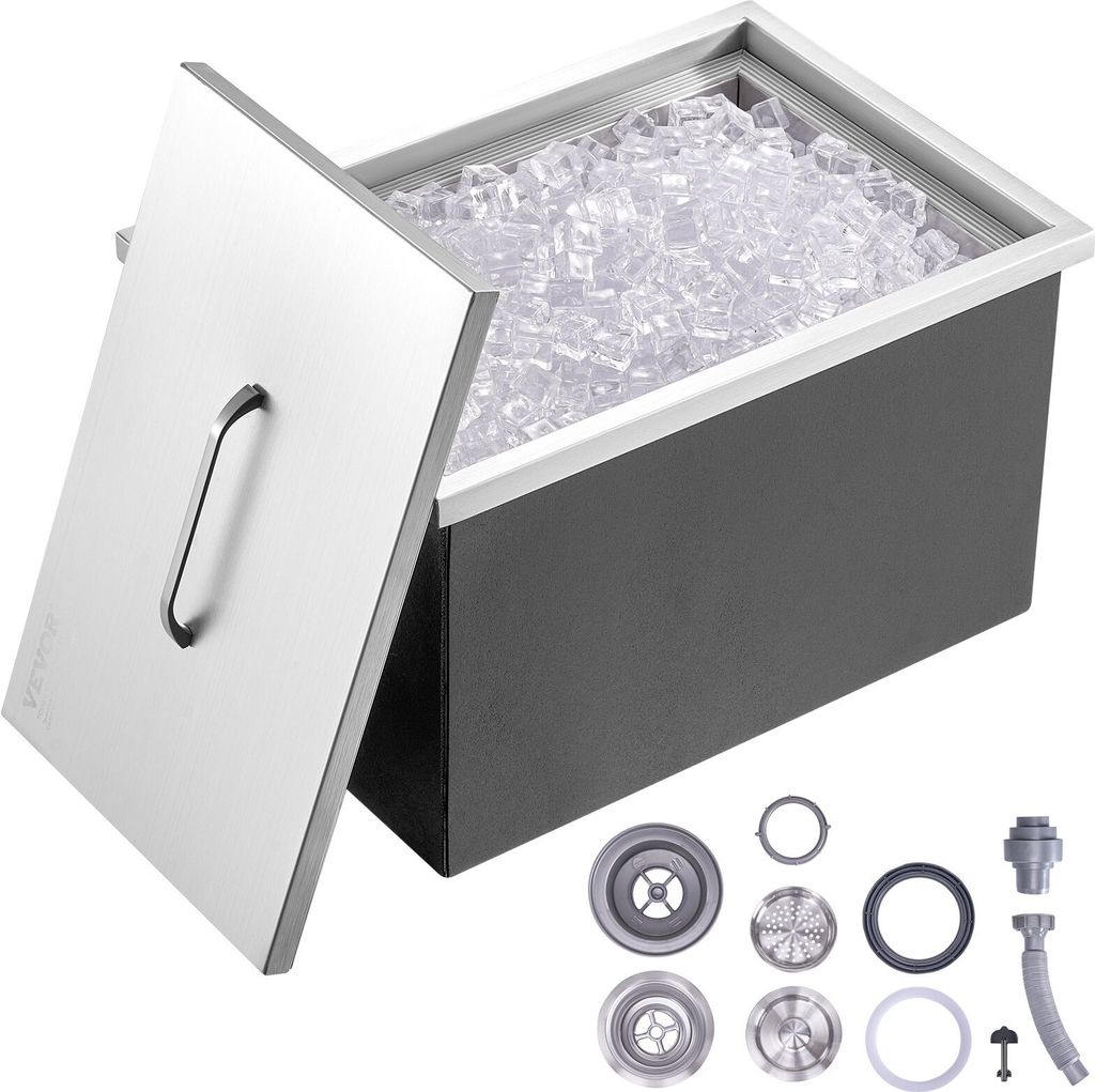 Drop-in-Eisbox, 43,5 L Edelstahl-Eiskühler, 558 x 430 x 306 mm Kommerzieller Eisbehälter mit Abdeckung, Eingebaute Eisspeichertruhe, Abflussrohr ...