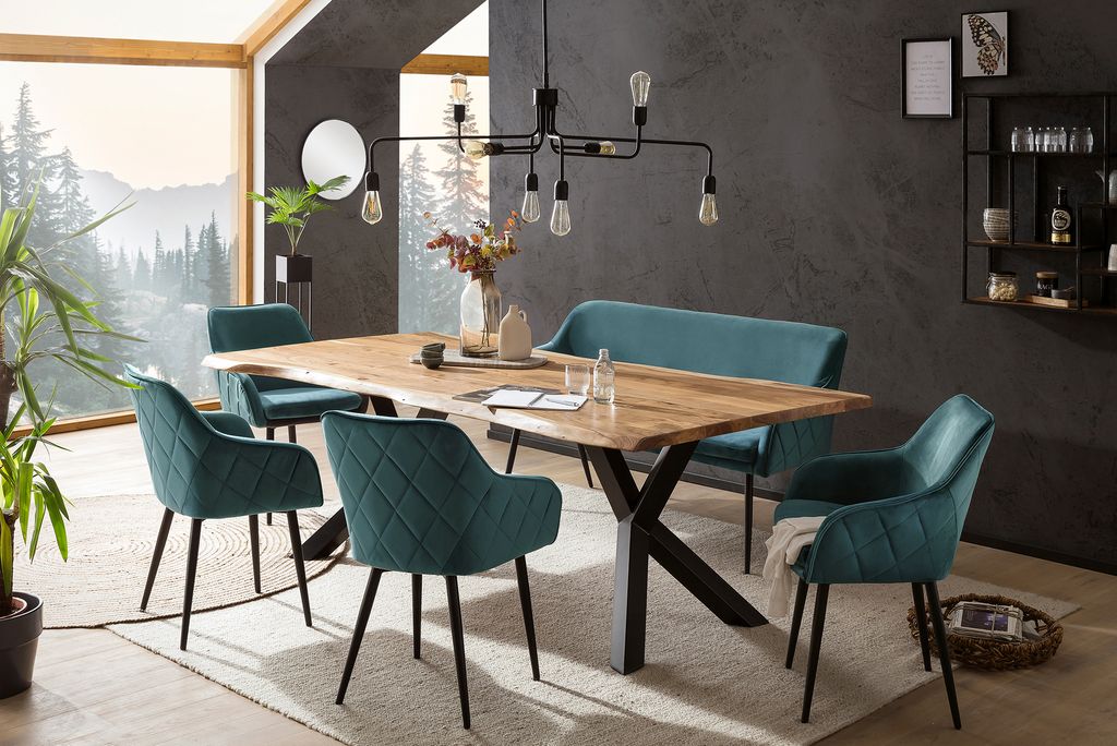 SalesFever 6-tlg. Akazie-Essgruppe 220x110 cm | Platte 35 mm Akazie | Metallgestelle | 4 Stühle & 1 Bank in Samt-Optik | natur – schwarz – tan...