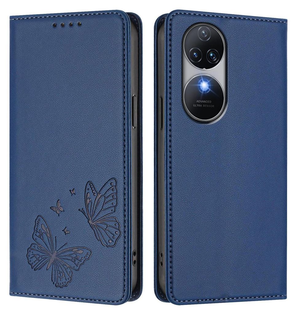 Lederhülle für Oukitel C38, Schmetterling Prägung Leder Brieftasche Schutzhülle mit Ständer Dunkelblau
