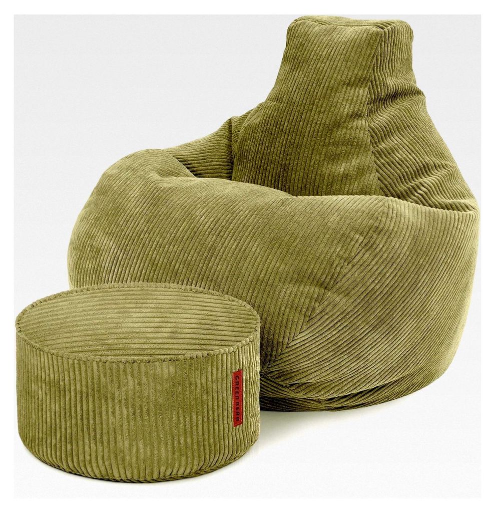 Sitzsack mit Hocker aus Cord - Sitzsäcke für Wohnzimmer und Schlafzimmer, Sitzsack-Sessel für Erwachsene in Grün