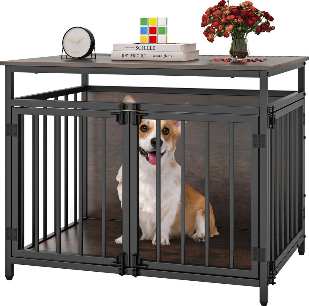 COSTWAY Hundekäfig Möbel, Hundebox für zuhause mit DREI Türen, Hundegitterbox Holz Indoor für Hunde, Beistelltisch aus Holz & Metall, 80 x 60 ...