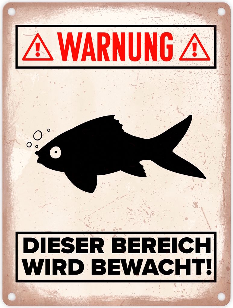 Warnung Bereich wird bewacht Metallschild in 15x20 cm mit Goldfisch Silhouette
