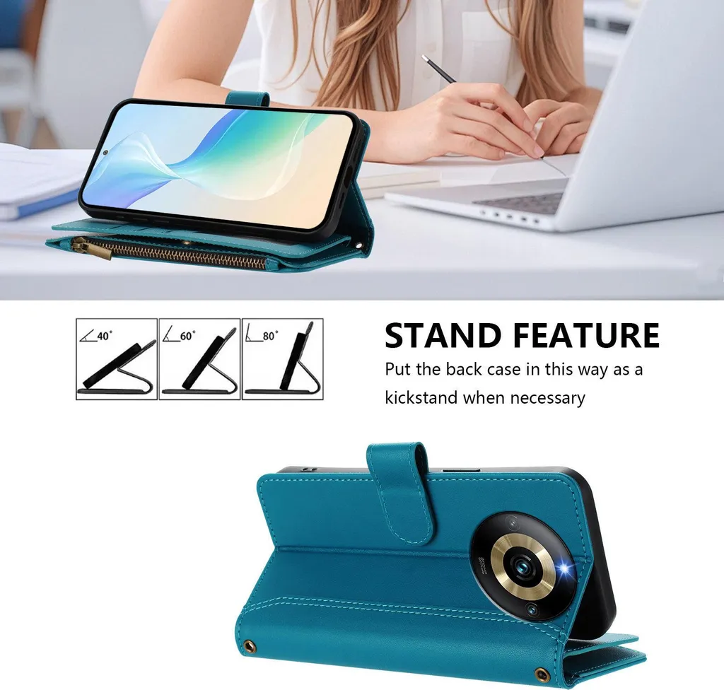 SEAHAI Cover Portafoglio Per Realme 11 Pro 5G / 11 Pro+ Plus 5G - Custodia In Pelle Con Motivo Foglie E Gatto In Rilievo, Antiurto, Con Cinturino Da Polso, Blu - 2