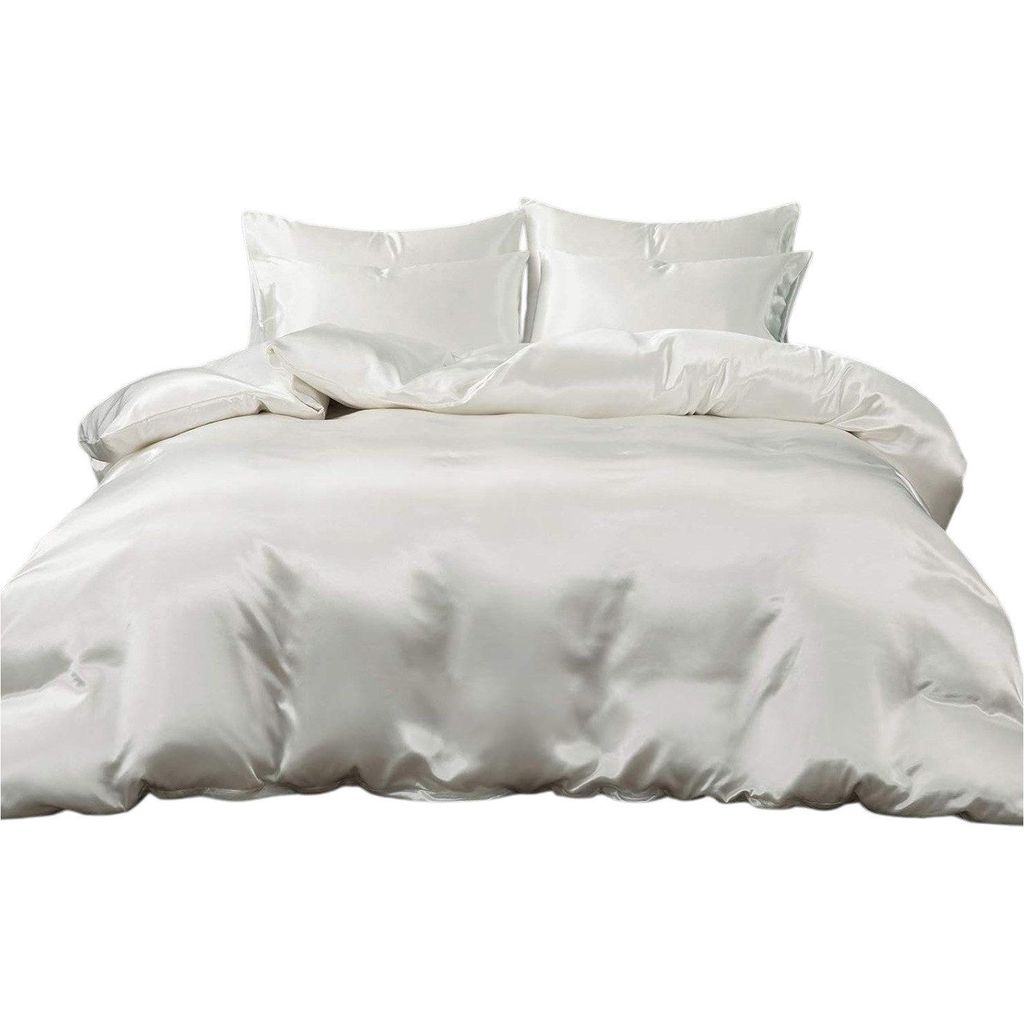 3 Teilig Satin Bettwäsche Set,Sommerbettwäsche Set 200x200cm, mit 2 Kissenbezug, Weiß