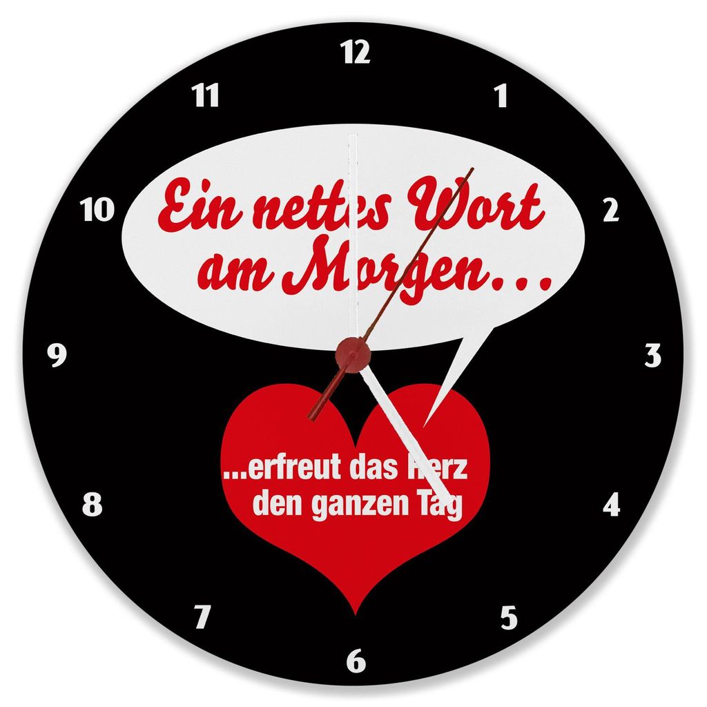 Herz und Sprechblase Wanduhr aus MDF mit Spruch: Nettes Wort erfreut das Herz
