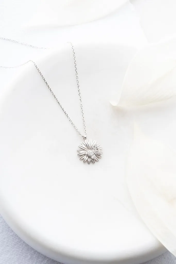 Collier argent 925 fleur ciselée et papillon - Bijou haute finition - 2