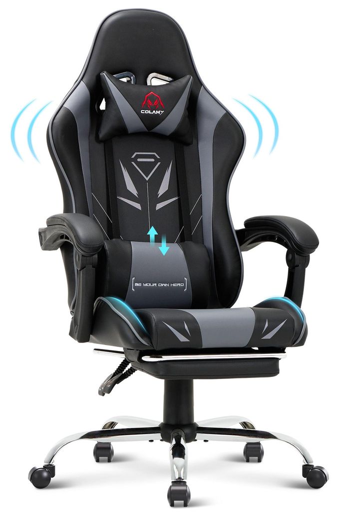 COLAMY Gaming Stuhl – Ergonomischer Computerstuhl mit Fußstütze, Lendenwirbelstütze, Kopfstütze, 360° Drehfunktion und hoher Rückenlehne, grau