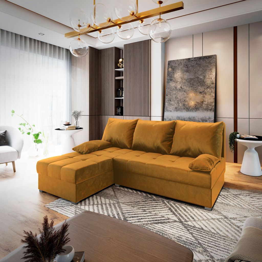 Masseno Ecksofa RITA mit Schlaffunktion L-Form, Sofa mit Bettkasten, Wohnzimmersofa, Couch, Soffa, Bettsofa, Couchgarnitur- Orange, KRONOS 01