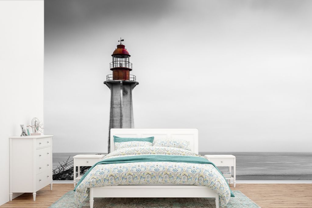 MuchoWow Fototapete für Wohnzimmer oder Schlafzimmer Wandtapete Vinyl Motivtapete Schwarz-Weiß-Foto eines Leuchtturms im Westen von Vancouver -...