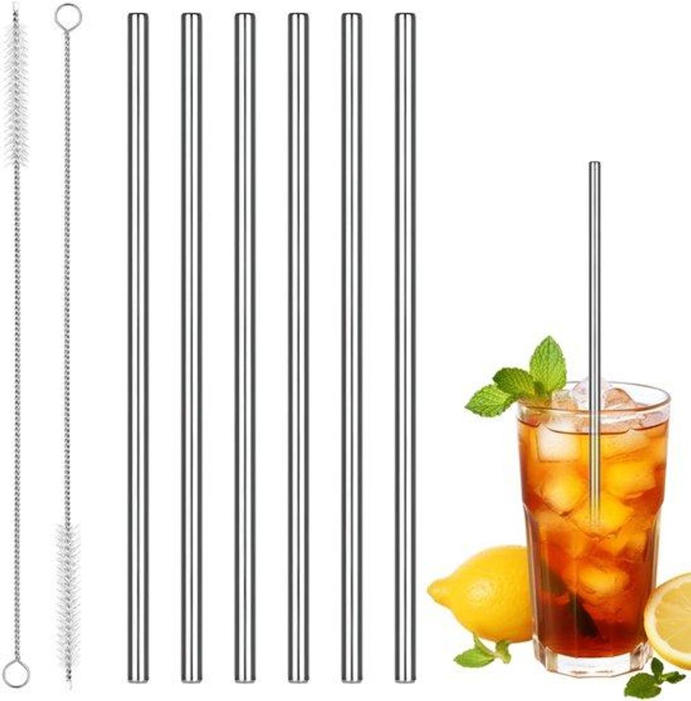 Set aus sechs recycelbaren Stahl-Strohhalmen mit Reinigungborsten für verschiedene Getränke