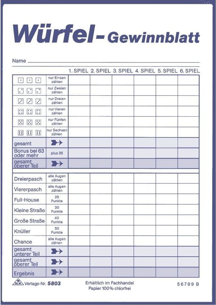 RNK 3 Verlag Ersatzblock DIN A6 Würfelspiel Obrázek produktu 