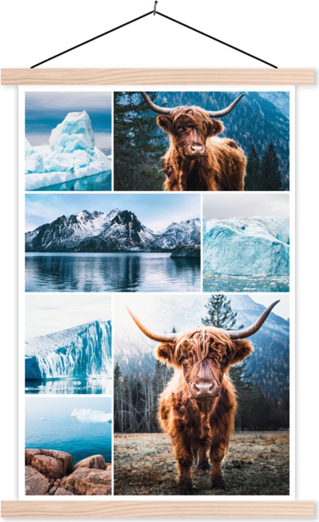 MuchoWow Textilposter Schottisches Hochlandrind - Collage - Berg - Eiscreme 60x90 cm mit holzfarbenen Rahmen - Textil