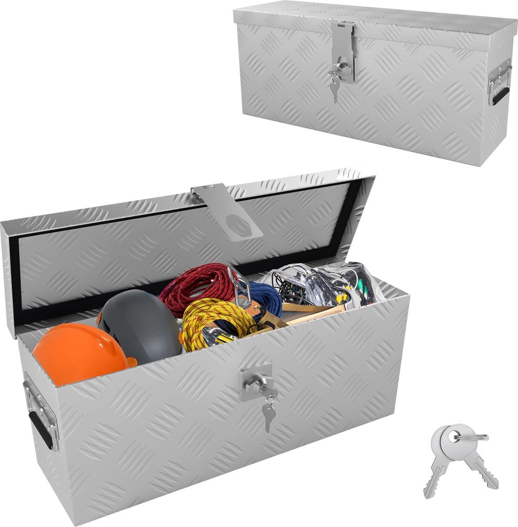 FIVMEN Aufbewahrungsbox Alubox 520x160x220 mm, Aluminium Werkzeugkiste mit Schloss und 2 Schlüsseln,Robuste abschließbare Deichselbox(Silber)